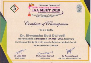 IAA Meet 2018 – Arthroplasty Conference Participation Certificate (Credit Hours Awarded)
