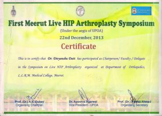 First Meerut Live Hip Arthroplasty Symposium – Certificate of Participation