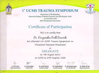 Certificate for UCMS Trauma Symposium on Proximal Femoral Fractures