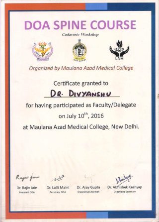 DOA Spine Course – Cadaveric Workshop Participation Certificate (MAMC Delhi)