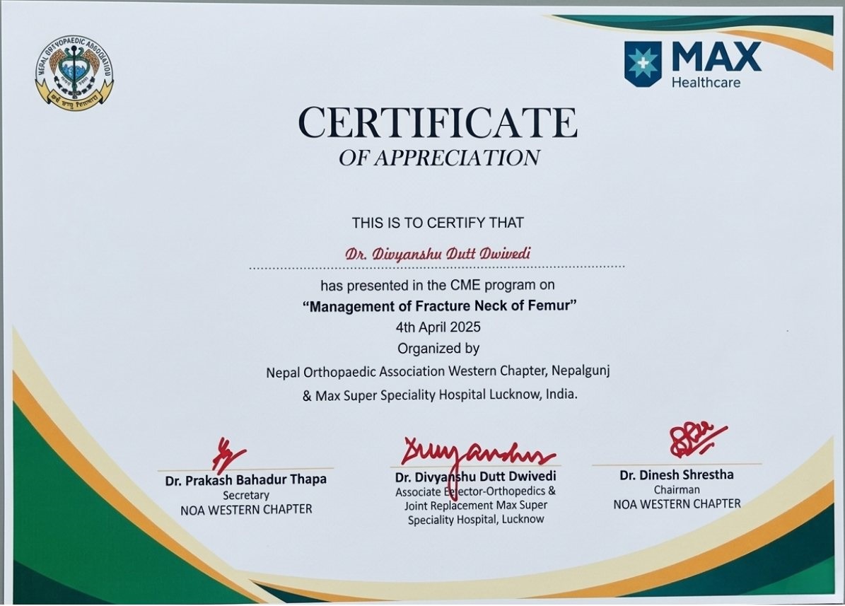 CME Speaker Recognition – Management of Fracture Neck of Femur (Max Healthcare & NOA) CME Speaker Recognition – Management of Fracture Neck of Femur (Max Healthcare & NOA)