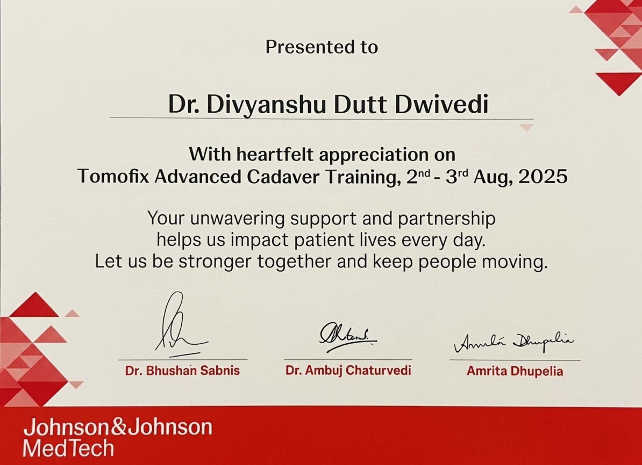 Tomofix Advanced Cadaver Training – Certificate of Appreciation (Johnson & Johnson MedTech) Tomofix Advanced Cadaver Training – Certificate of Appreciation (Johnson & Johnson MedTech)