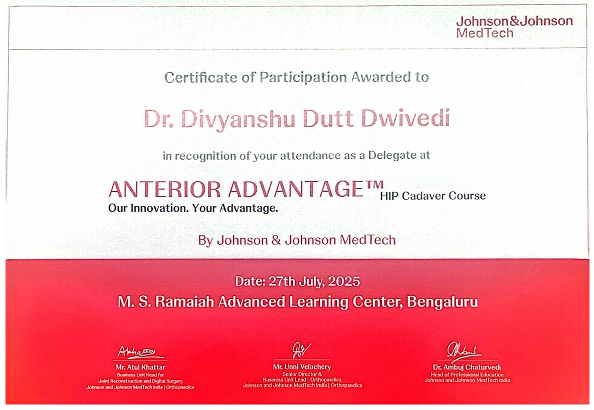 certificate for completion of Cadaveric course on Direct anterior approach Total Hip Arthroplasty certificate for completion of Cadaveric course on Direct anterior approach Total Hip Arthroplasty